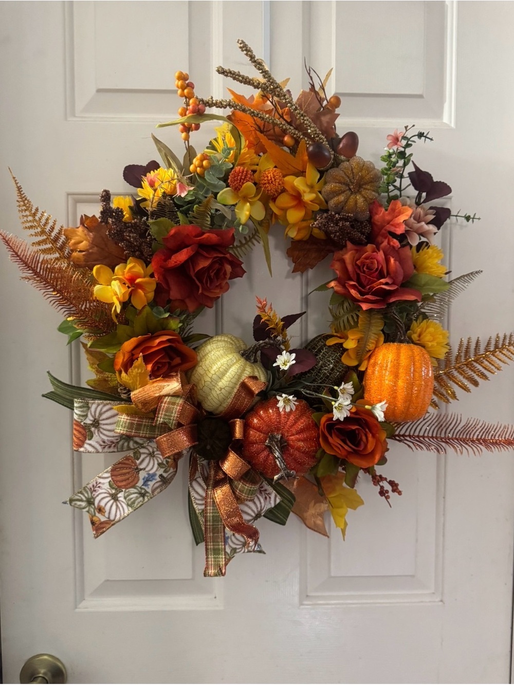 Autumn Pumpkin & Rose Door Wreath - Orange, Yellow, Brown